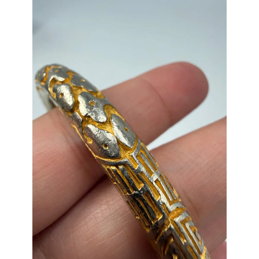 Vintage Two Tone Gold Silver Textured Bangle Bracelet Mixed Metal Geometric